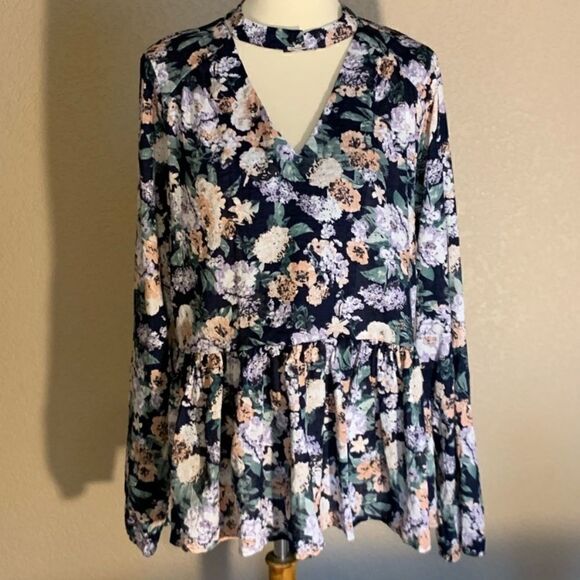 Navy Blue Floral Long Sleeve Top Key Hole Neck L - Picture 8 of 11
